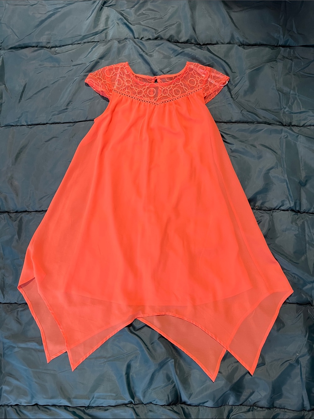 Sequin Hearts Coral Lace Yoke Handkerchief Hem Dress